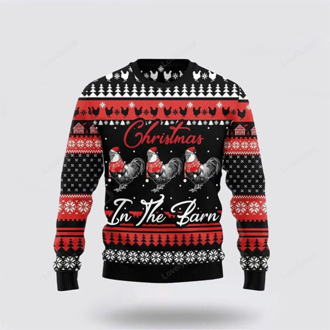 FUNSTUFFPRINT Chicken In The Barn Ugly Christmas Sweater For Men And Women, Farm Ugly Sweater Ugly Sweater