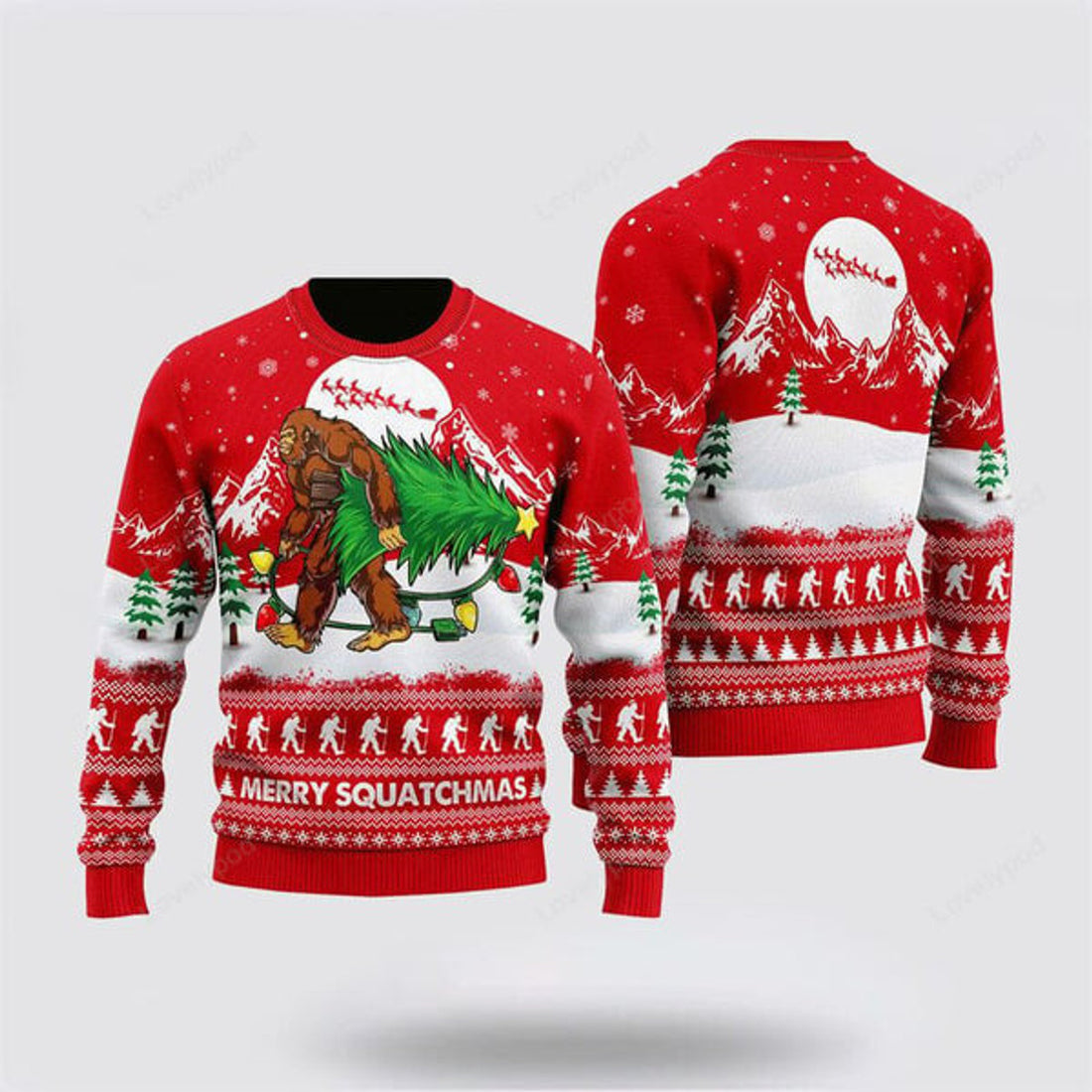 FUNSTUFFPRINT Bigfoot Mery Squatchmas Pine Tree Ugly Christmas Sweater, Ugly Sweater For Men And Women, Christmas Gift Ugly Sweater