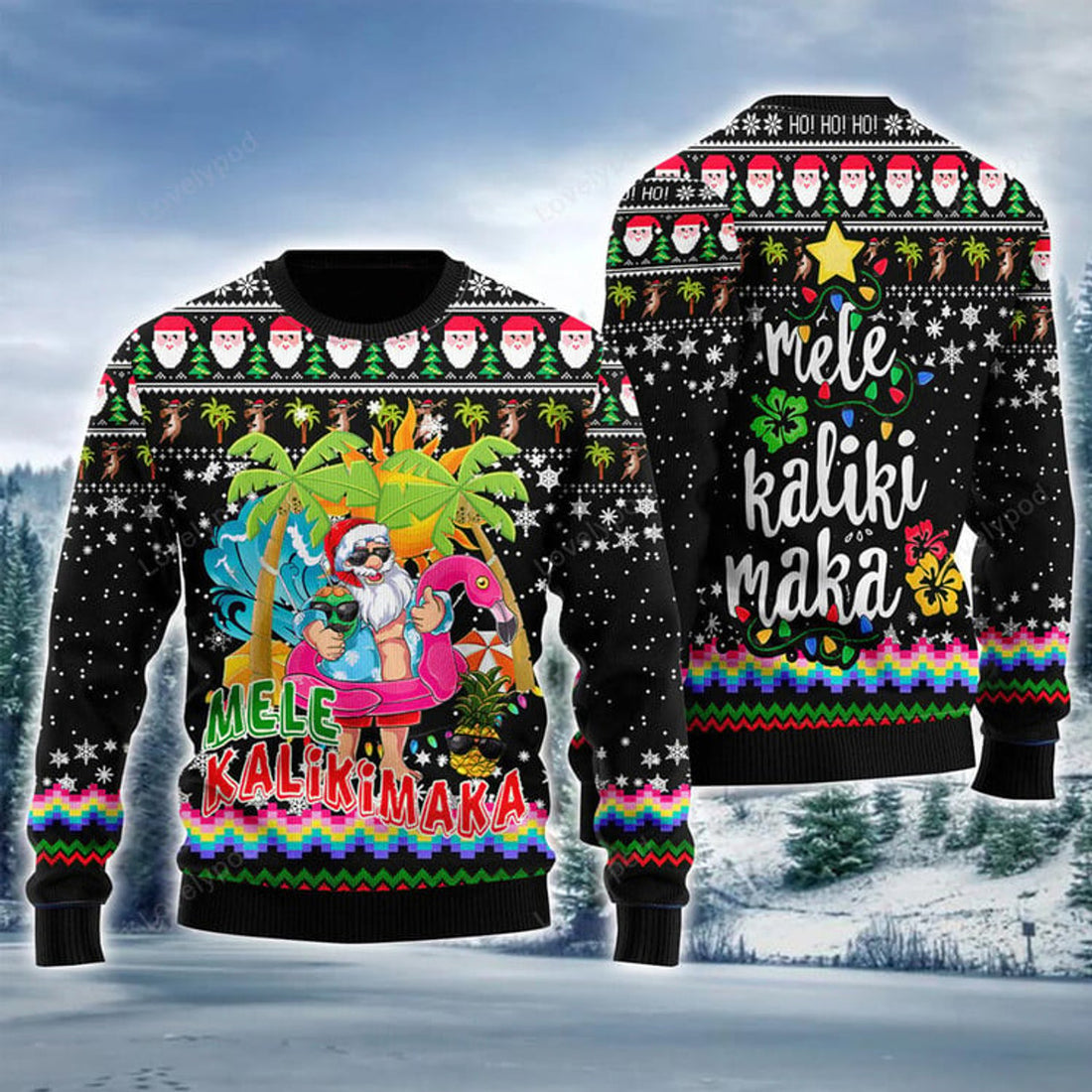FUNSTUFFPRINT Hawaiian Santa Ugly Sweater, Mele Kalikimaka Ugly Sweater, Funny Santa Claus Ugly Sweater For Men Ugly Sweater