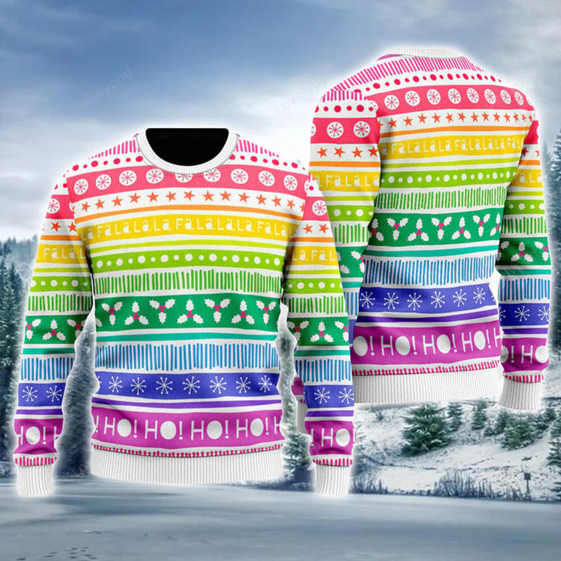 FUNSTUFFPRINT LGBT Ugly Christmas Sweater, Rainbow Cozy Holiday Pattern Ugly Sweater For Men & Women Ugly Sweater