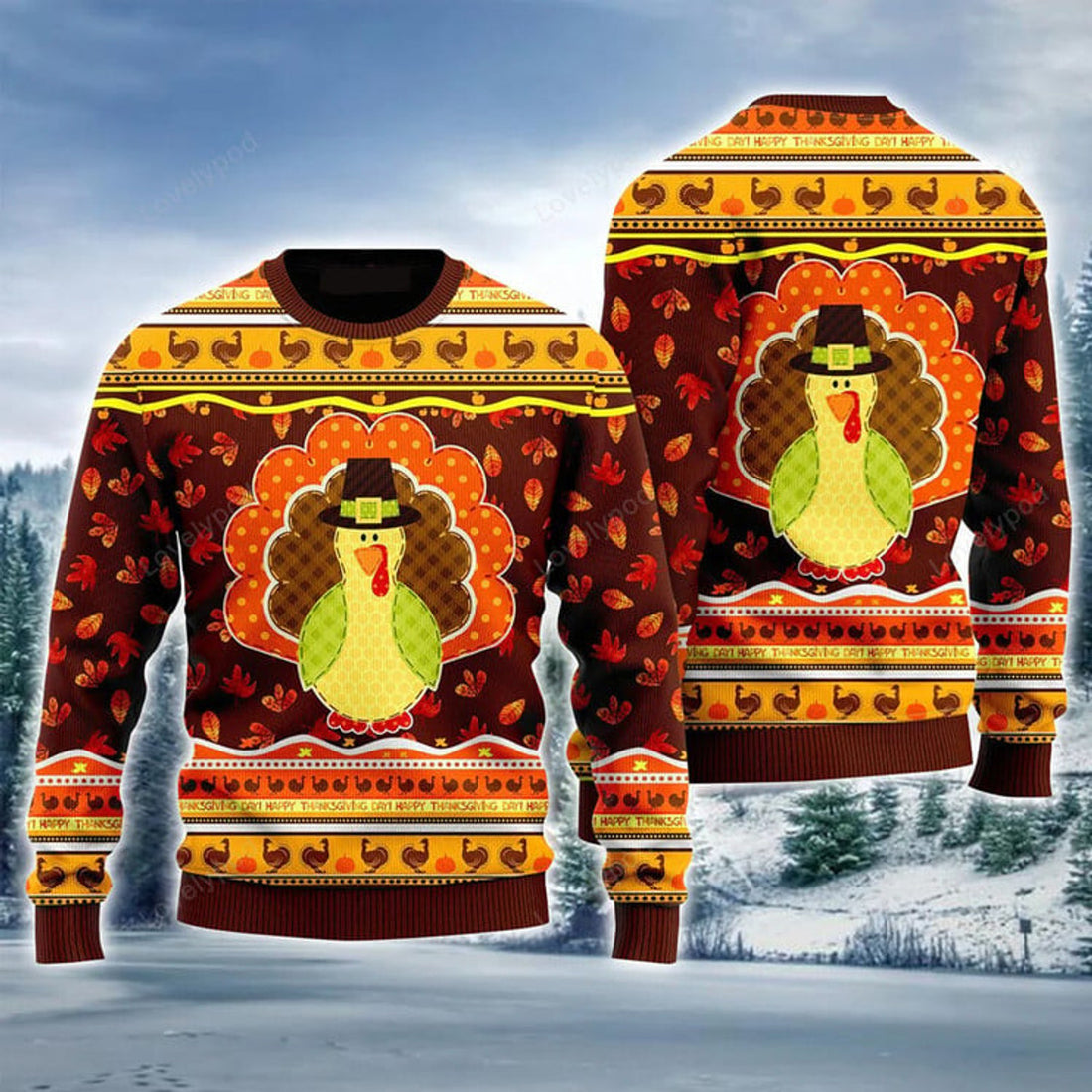 FUNSTUFFPRINT Chicken Ugly Sweater, Happy Thanksgiving Brown Ugly Sweater For Men & Women, Perfect Gift For Thanksgiving Ugly Sweater