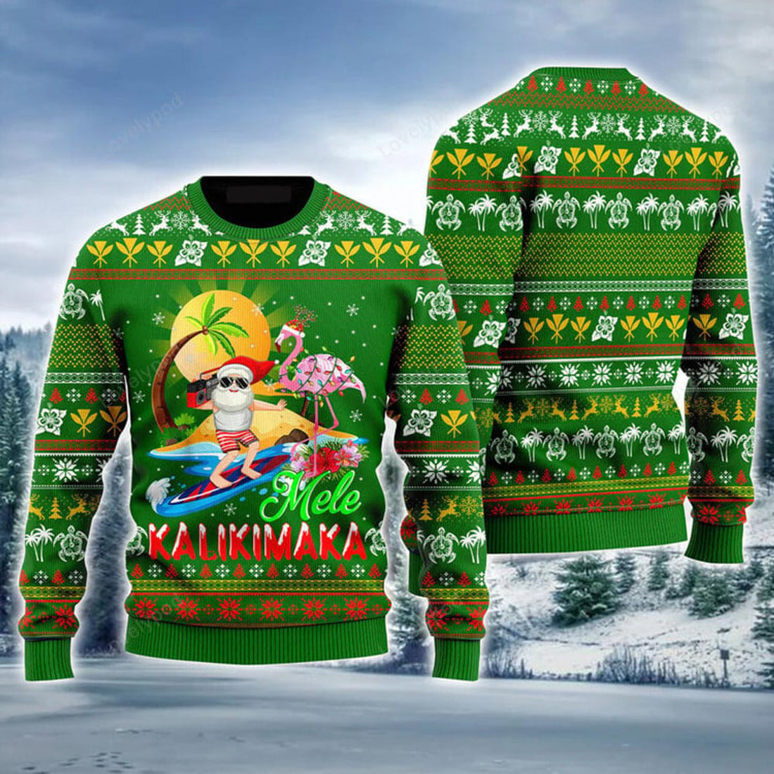 FUNSTUFFPRINT Santa Surf Ugly Sweater, Funny Flamingo Hawaii Santa Mele Kalikimaka Ugly Sweater For Men Ugly Sweater