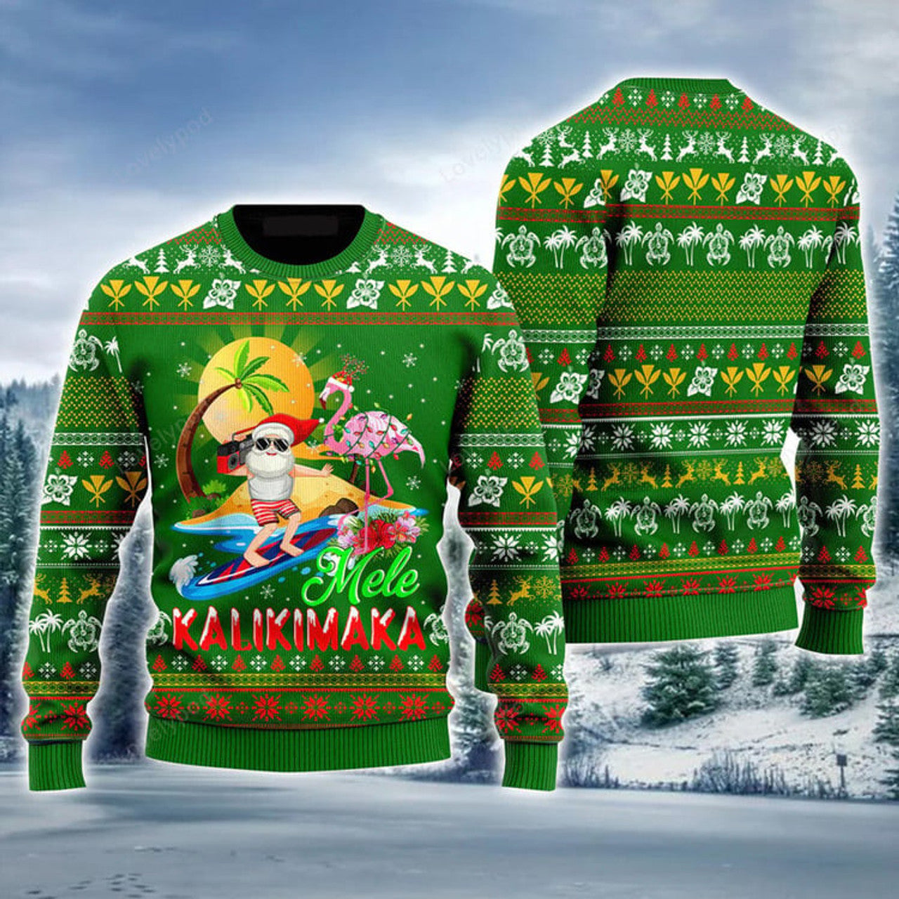 FUNSTUFFPRINT Santa Surf Ugly Sweater, Funny Flamingo Hawaii Santa Mele Kalikimaka Ugly Sweater For Men Ugly Sweater