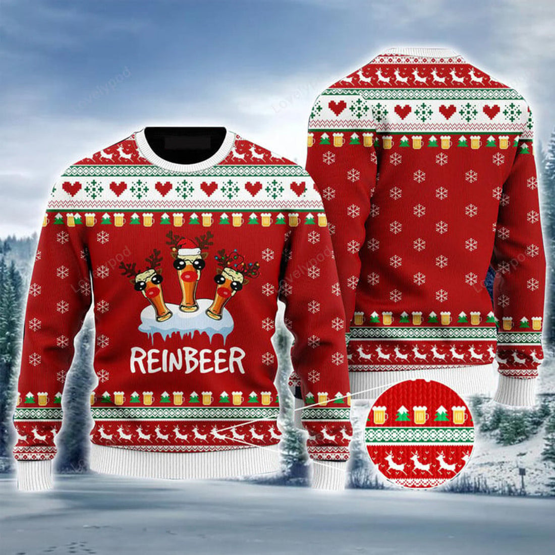 FUNSTUFFPRINT Reindeer Ugly Sweater, Funny Reindeer Reinbeer Christmas Red Ugly Sweater For Men, Gift For Christmas, Friends, Family Ugly Sweater