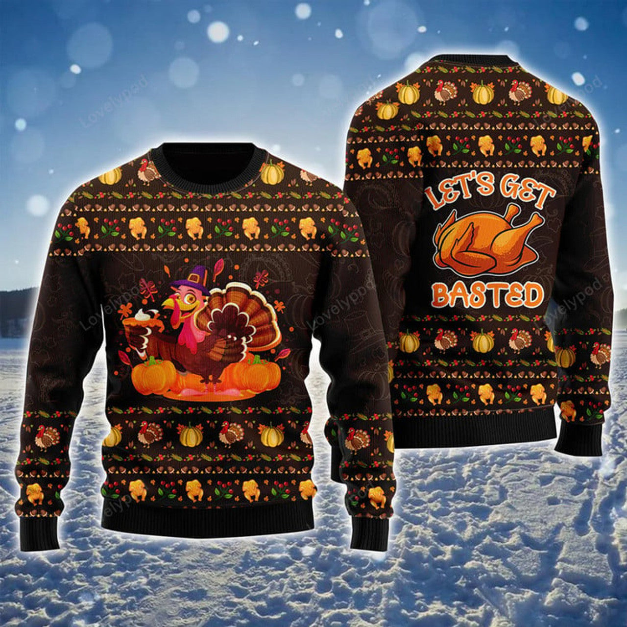 FUNSTUFFPRINT Thanksgiving Ugly Sweater, Lets Get Basted Turkey Ugly Sweater, Funny Chicken Pattern Brown Sweater For Men Ugly Sweater