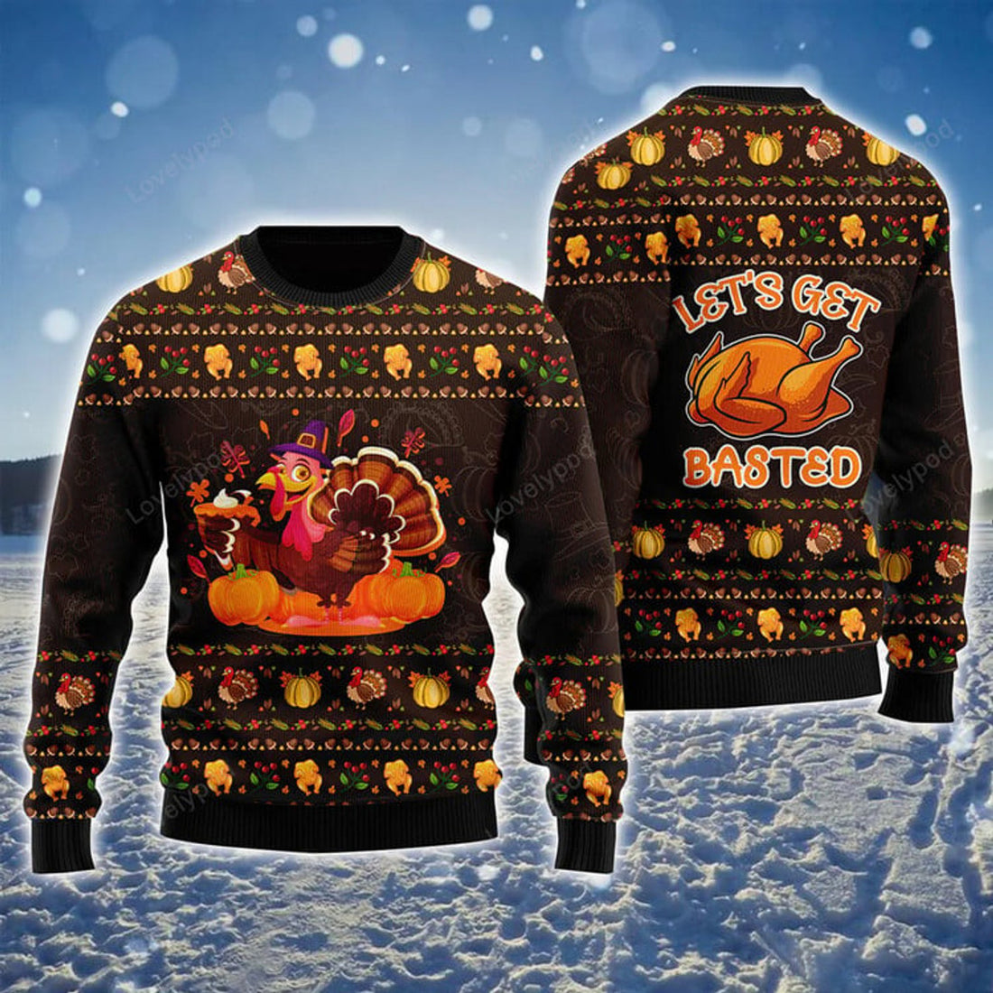 FUNSTUFFPRINT Thanksgiving Ugly Sweater, Lets Get Basted Turkey Ugly Sweater, Funny Chicken Pattern Brown Sweater For Men Ugly Sweater