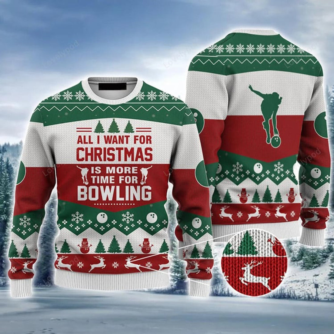 FUNSTUFFPRINT Bowling Ugly Christmas Sweater, All I Want For Christmas Ugly Sweater For Men Ugly Sweater
