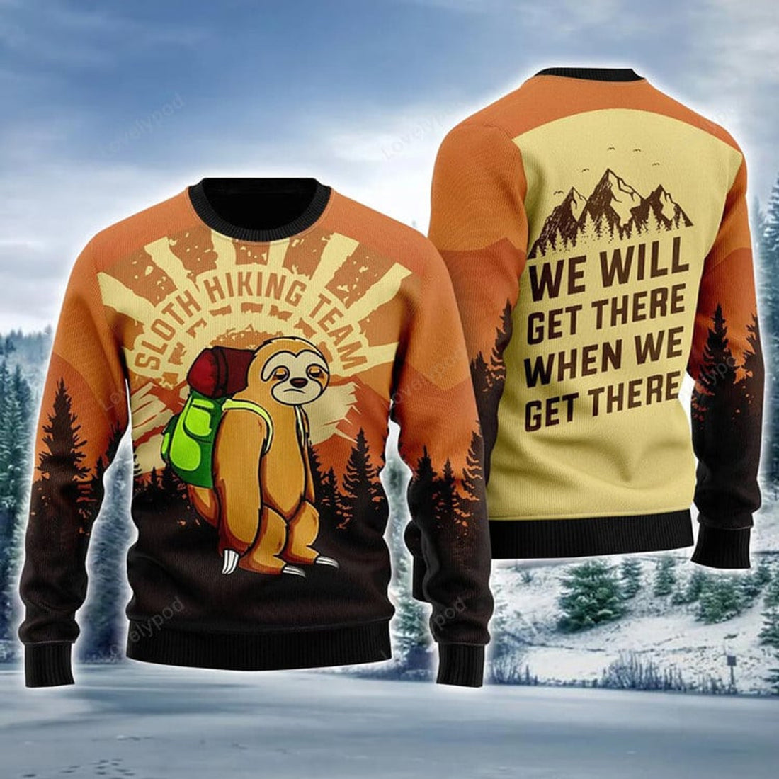 FUNSTUFFPRINT Sloth Hiking Ugly Sweater For Men & Women, Perfect Outfit For Christmas New Year Autumn Winter Ugly Sweater