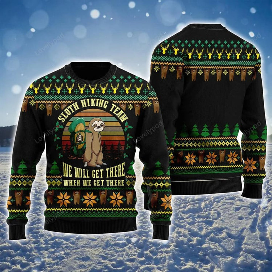 FUNSTUFFPRINT Sloth Hiking Team Ugly Sweater For Men & Women, Perfect Outfit For Christmas New Year Autumn Winter Ugly Sweater