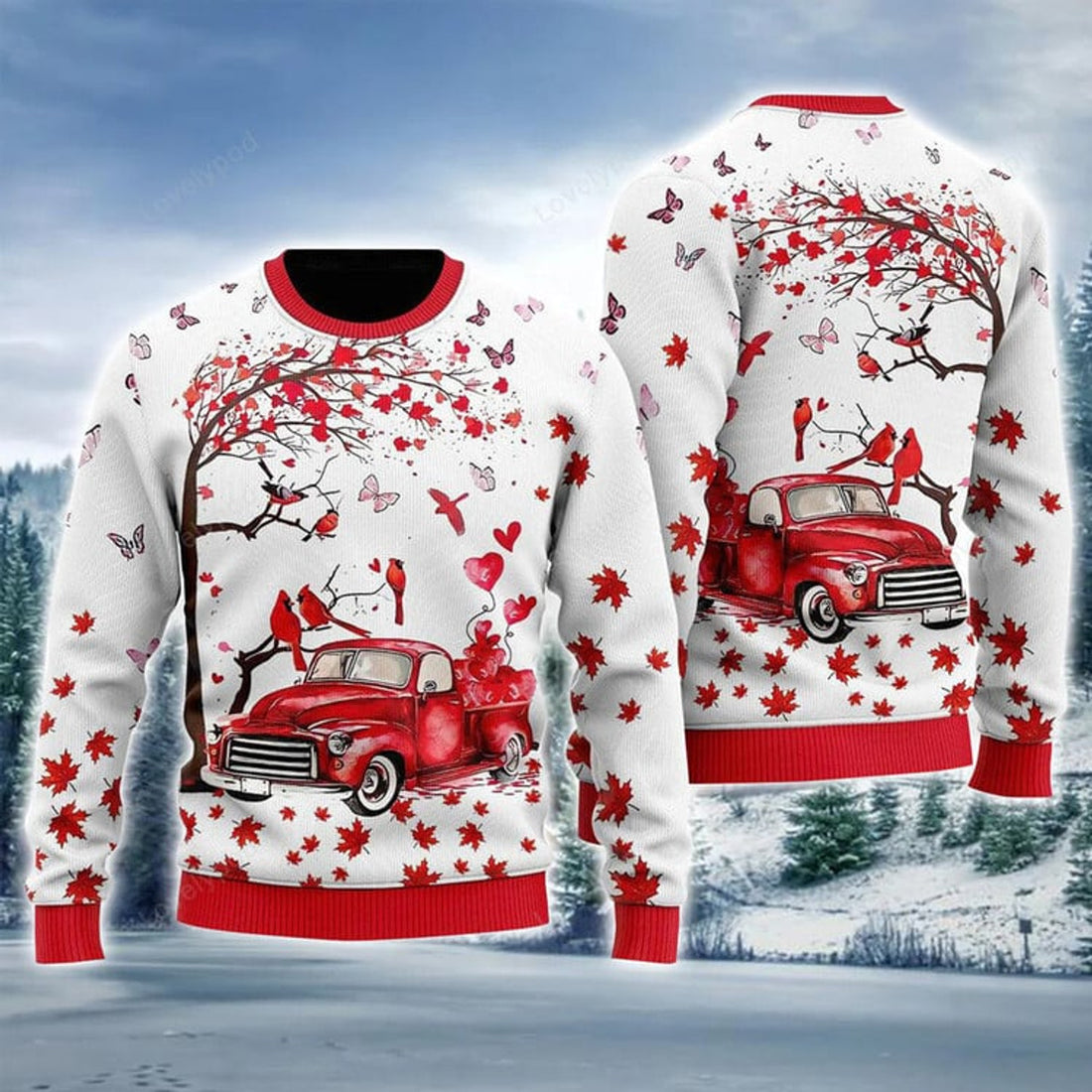 FUNSTUFFPRINT Spring Red Truck Ugly Sweater For Men & Women, Perfect Outfit For Christmas New Year Autumn Winter Ugly Sweater