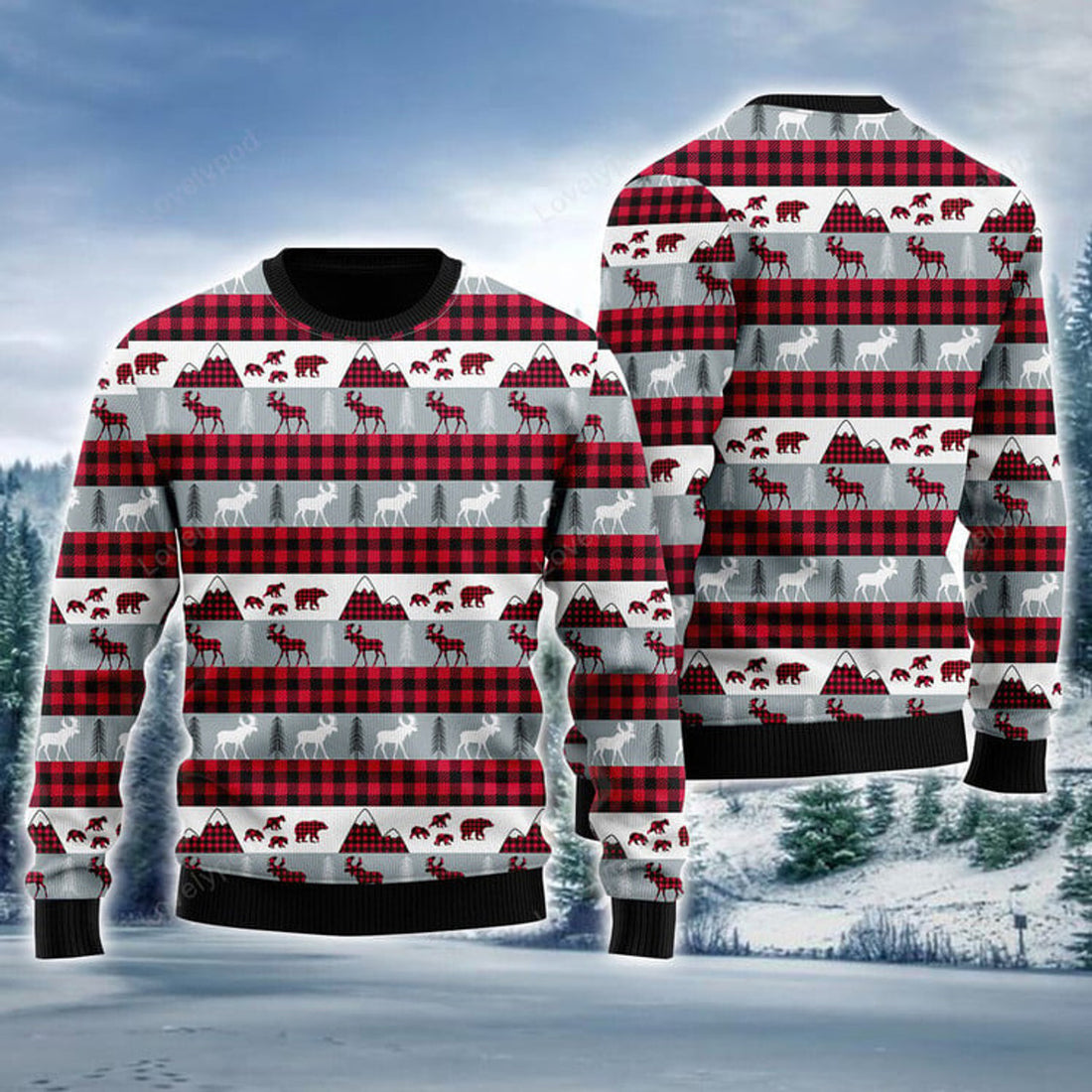 FUNSTUFFPRINT Reindeer On Buffalo Plaid Pattern Ugly Sweater For Men & Women, Perfect Outfit For Christmas New Year Autumn Winter Ugly Sweater