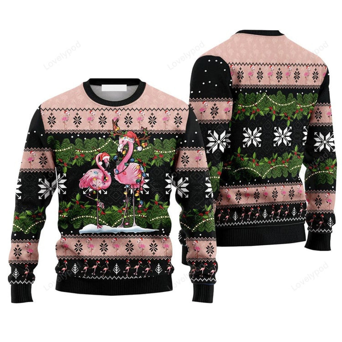 FUNSTUFFPRINT Flamingo Christmas Pattern Sweater, Ugly Sweater For Men & Women, Perfect Outfit For Christmas New Year Autumn Winter Ugly Sweater