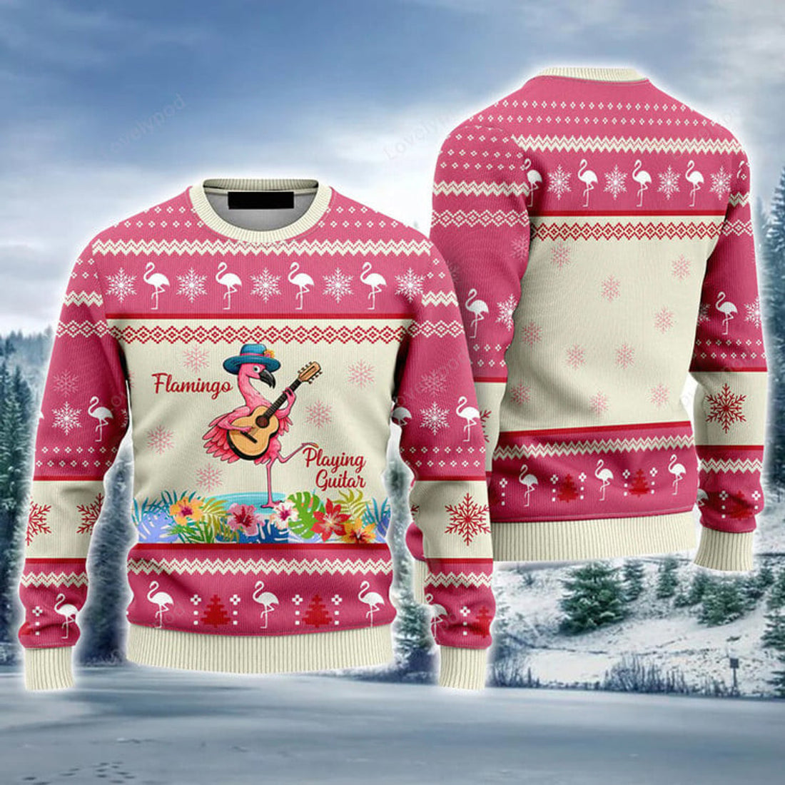 FUNSTUFFPRINT Flamingo Playing Guitar Pink Ugly Christmas Sweater For Men & Women, Perfect Outfit For Christmas New Year Autumn Winter Ugly Sweater