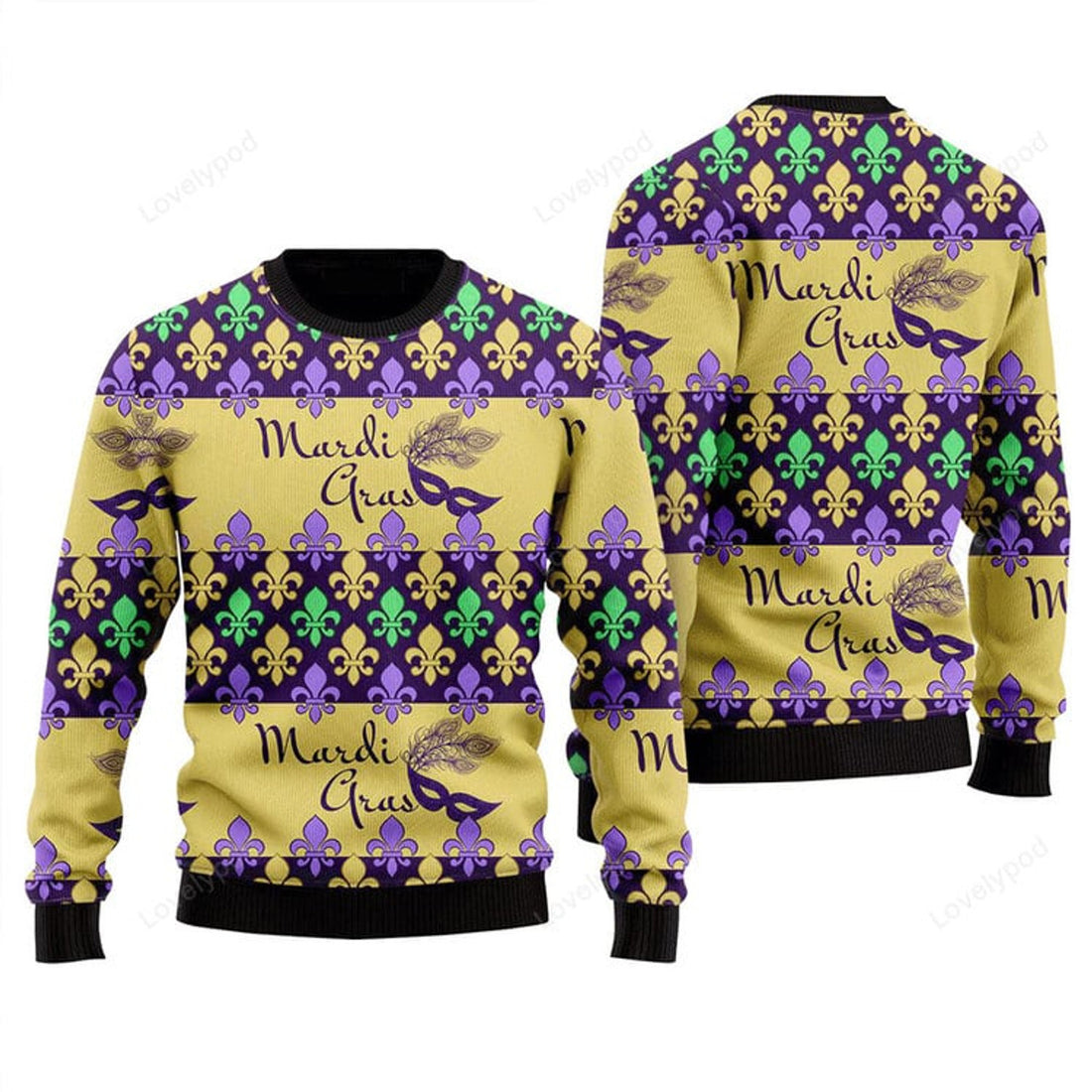 FUNSTUFFPRINT Mardi Gras Masquerade Mask Pattern Sweater, Ugly Sweater For Men & Women, Perfect Outfit For Christmas New Year Autumn Winter Ugly Sweater