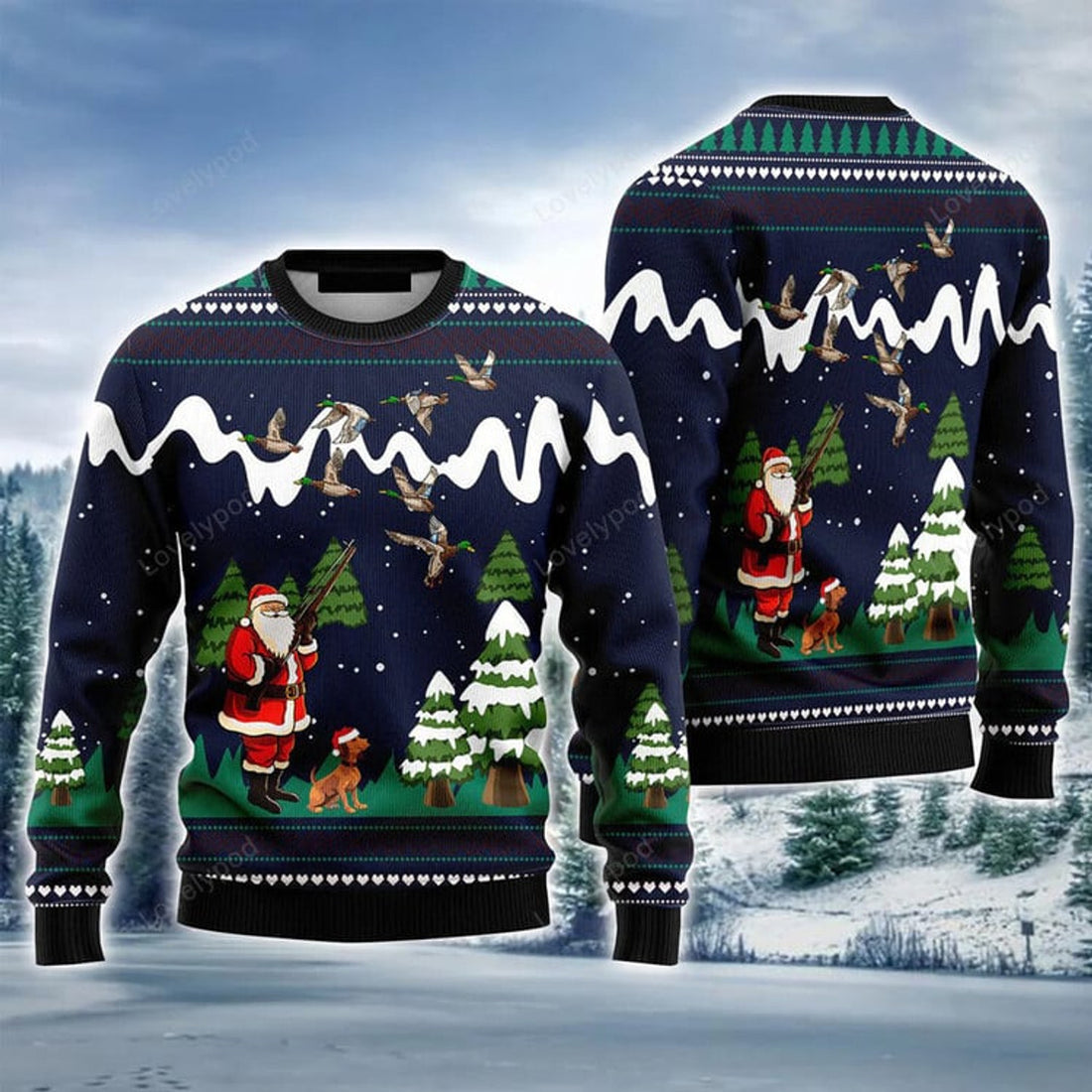 FUNSTUFFPRINT Santa Hunting Duck Navy Blue Ugly Christmas Sweater For Men & Women, Perfect Outfit For Christmas New Year Autumn Winter Ugly Sweater