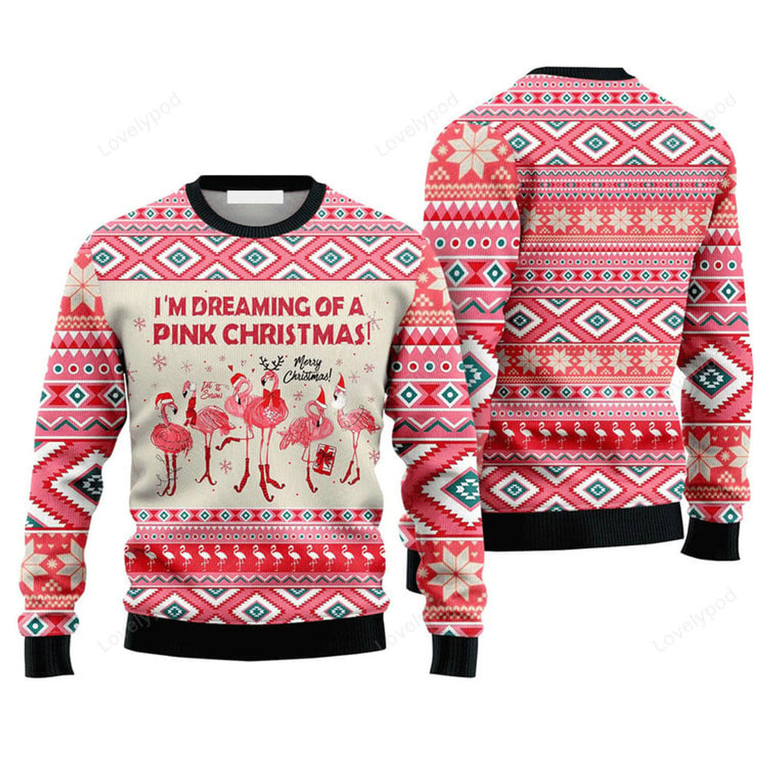 FUNSTUFFPRINT Flamingo Sweater I'm Dreaming Of A Pink Christmas, Ugly Sweater For Men & Women, Perfect Outfit For Christmas New Year Ugly Sweater