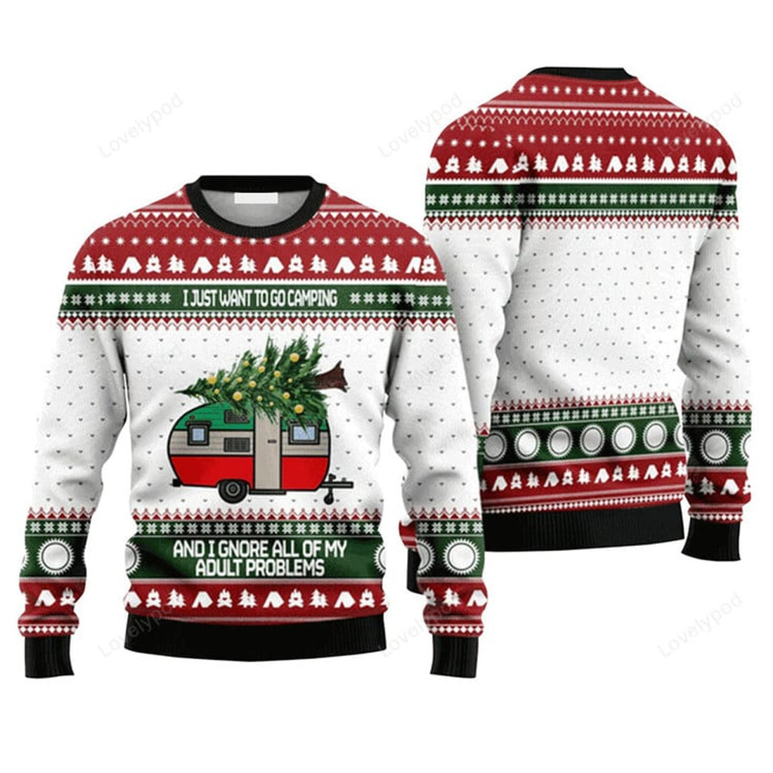 FUNSTUFFPRINT Camping Sweater And I Gnore All Of My Adult Problems, Ugly Christmas Sweater For Men & Women Ugly Sweater