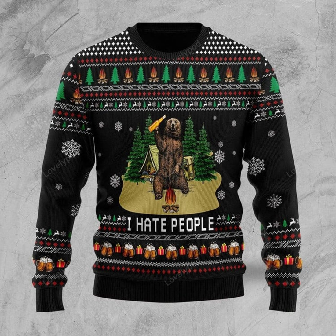 FUNSTUFFPRINT Bear Beer Camping I Hate People Ugly Christmas Sweater Ugly Sweater