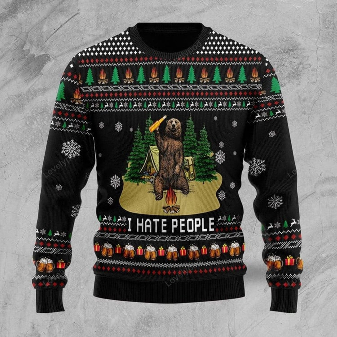 FUNSTUFFPRINT Bear Beer Camping I Hate People Ugly Christmas Sweater Ugly Sweater