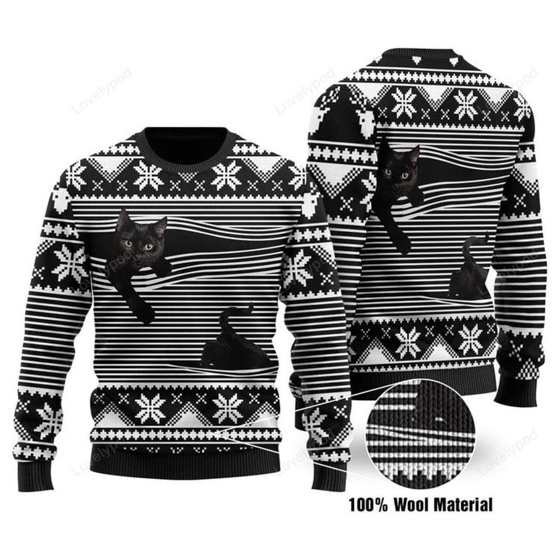 FUNSTUFFPRINT Cat Christmas Sweater Black Cat Christmas Pattern Black White 3D Ugly Sweater Ugly Sweater