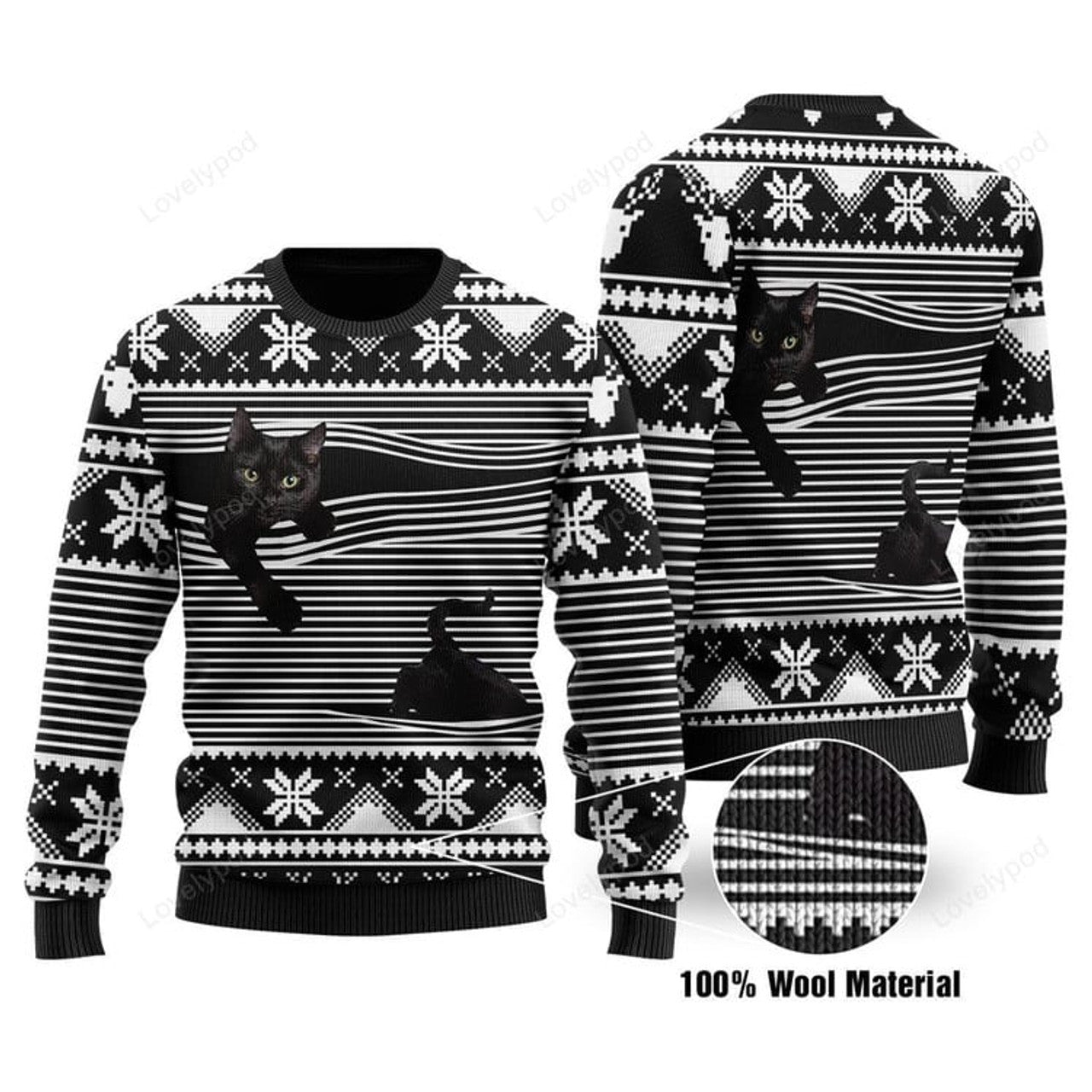 FUNSTUFFPRINT Cat Christmas Sweater Black Cat Christmas Pattern Black White 3D Ugly Sweater Ugly Sweater
