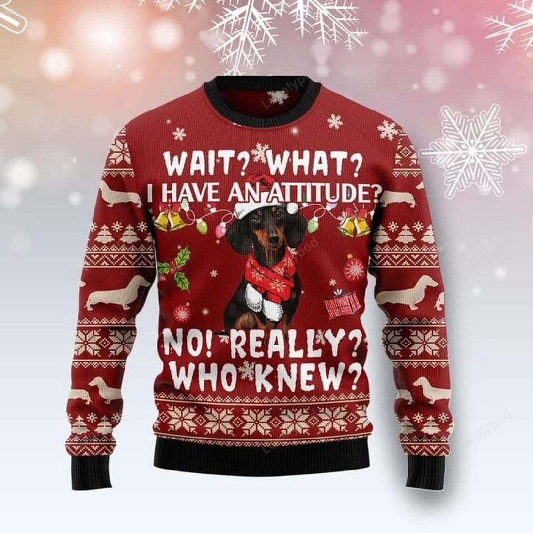 FUNSTUFFPRINT Merry Xmas Dog Lovers Dachshund Attitude No Really Who Knew Awesome Gift For Christmas Ugly Christmas Sweater Ugly Sweater