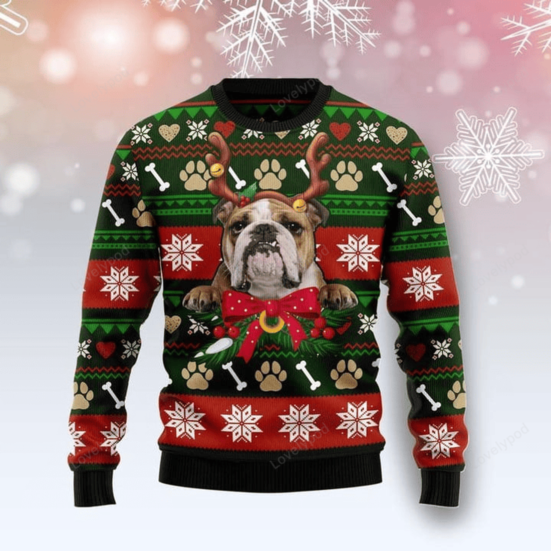 FUNSTUFFPRINT Merry Xmas Dog Lovers Bulldog Funny Awesome Gift For Christmas Ugly Christmas Sweater Ugly Sweater