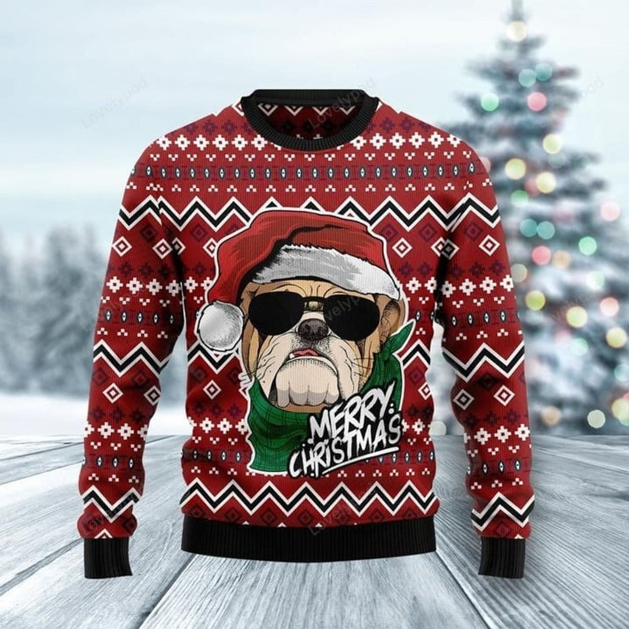 FUNSTUFFPRINT Merry Xmas Dog Lovers Super Cool Bulldog Awesome Gift For Christmas Ugly Christmas Sweater Ugly Sweater