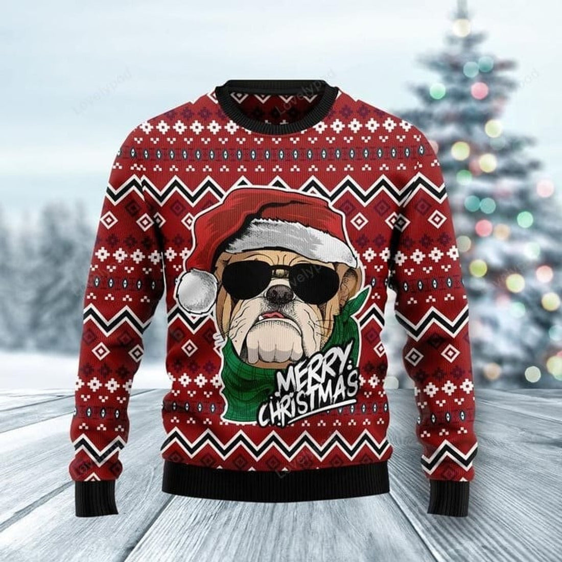 FUNSTUFFPRINT Merry Xmas Dog Lovers Super Cool Bulldog Awesome Gift For Christmas Ugly Christmas Sweater Ugly Sweater
