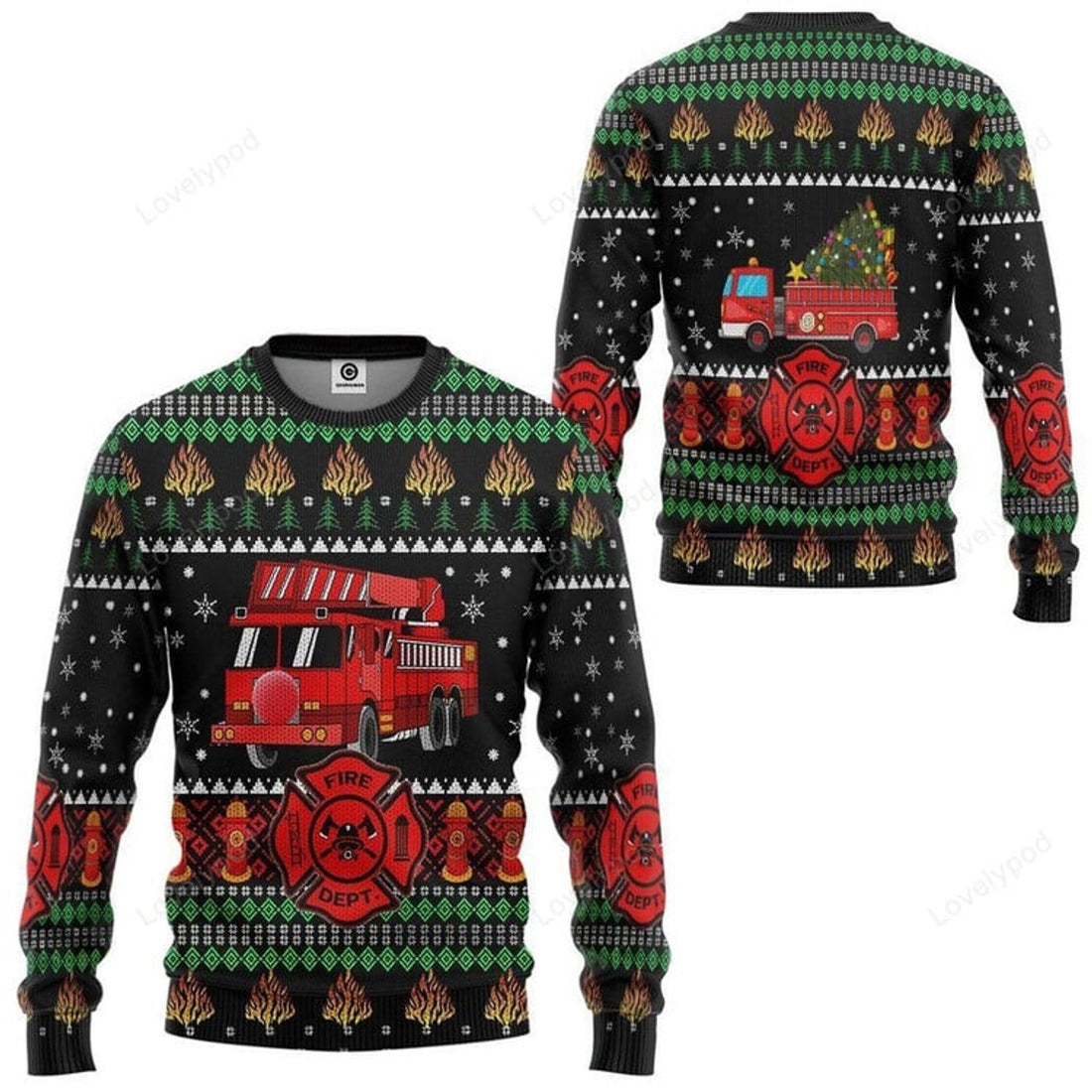 FUNSTUFFPRINT 3D Firefighter Truck Ugly Christmas Sweater Custom Unisex Pullover Sweatshirt Ugly Sweater