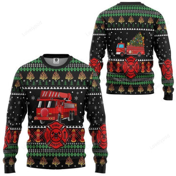 FUNSTUFFPRINT 3D Firefighter Truck Ugly Christmas Sweater Custom Unisex Pullover Sweatshirt Ugly Sweater