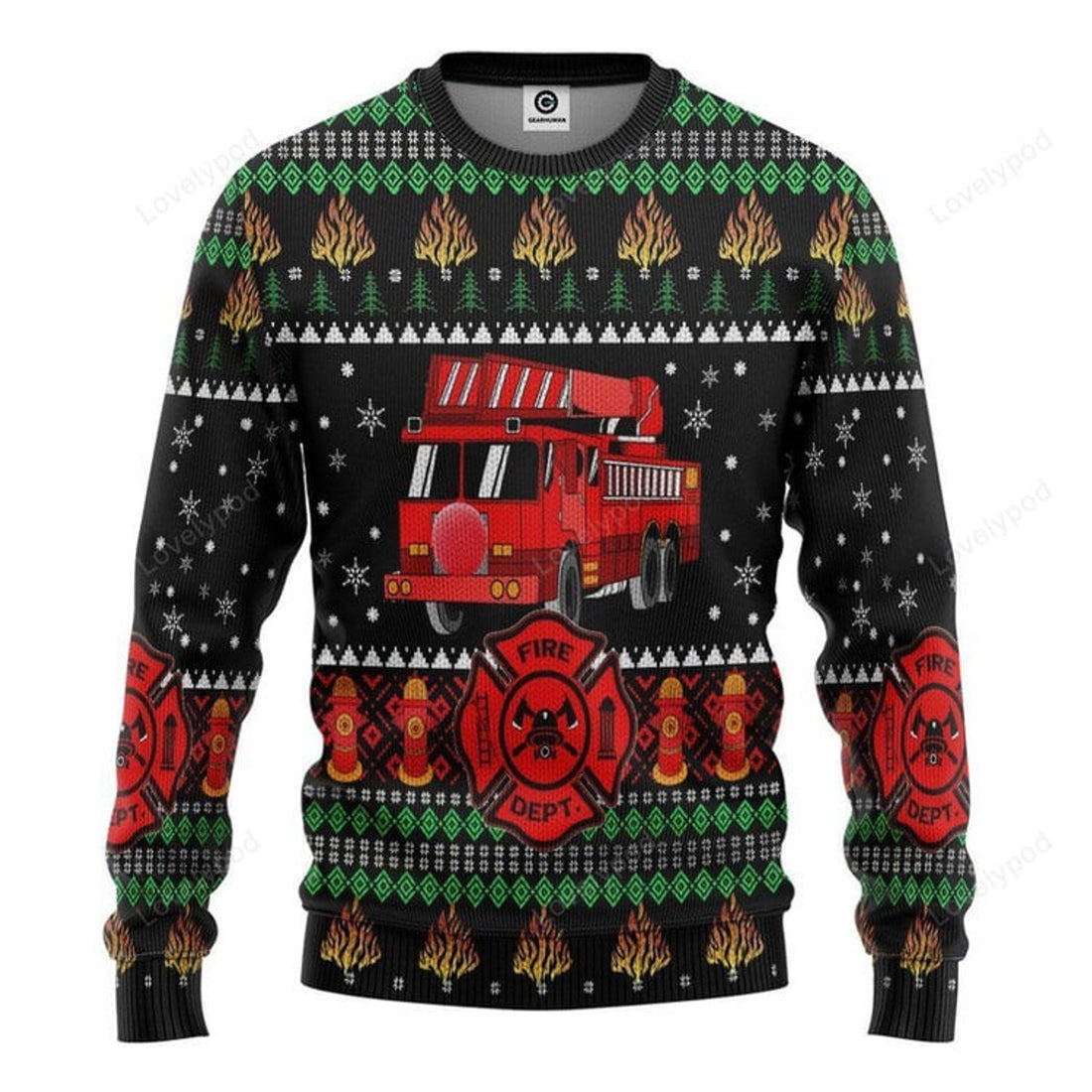 FUNSTUFFPRINT 3D Firefighter Truck Ugly Christmas Sweater Custom Unisex Pullover Sweatshirt Ugly Sweater