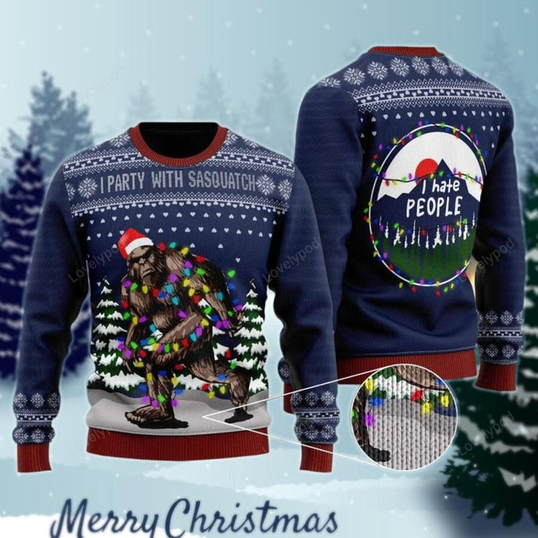 FUNSTUFFPRINT Bigfoot Santa Christmas Tree Lights Hate People Ugly Sweater, Christmas shirts, Christmas gift Ugly Sweater