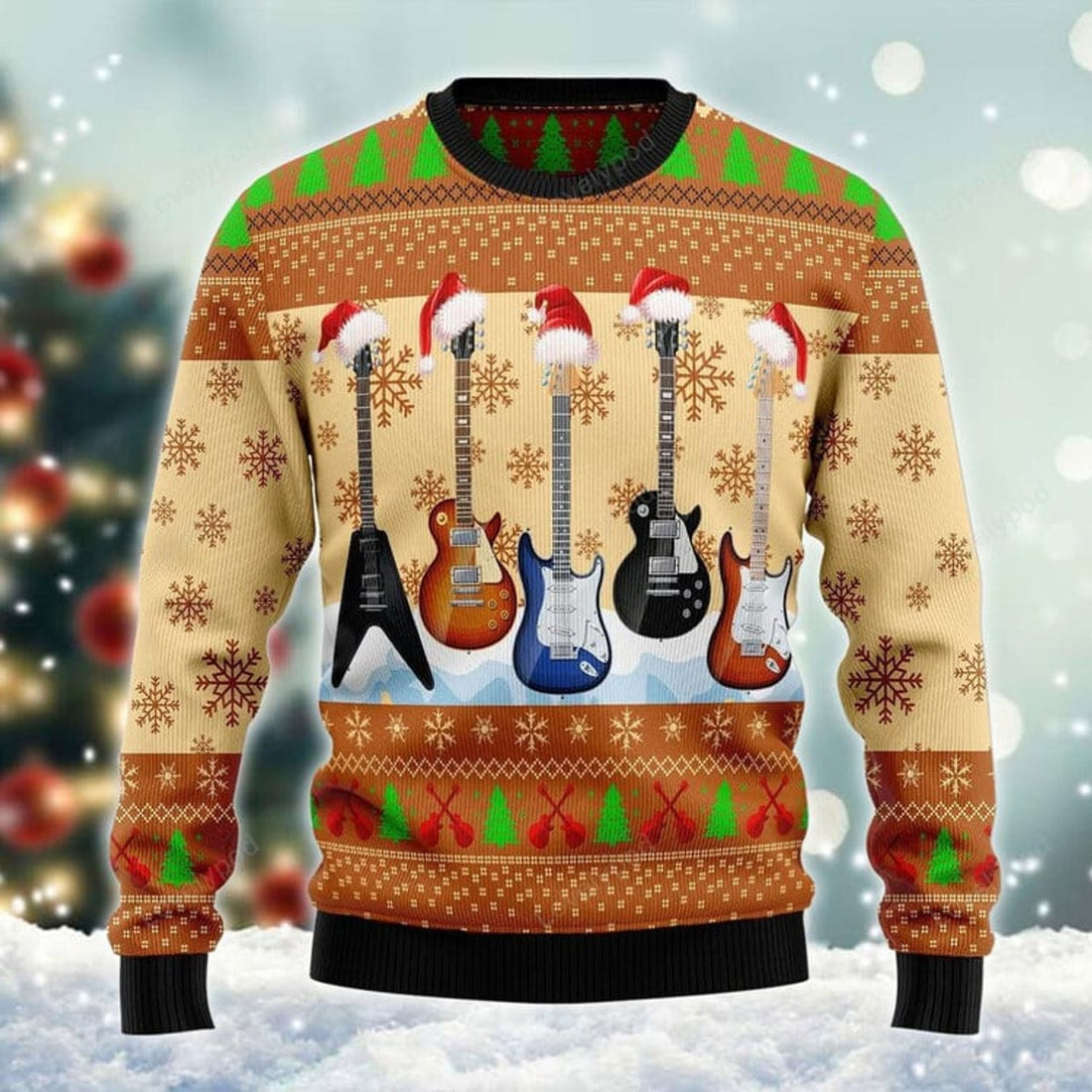 FUNSTUFFPRINT Guitars Santa Xmas Ugly Sweater, Guitar Christmas shirts, Christmas gift Ugly Sweater