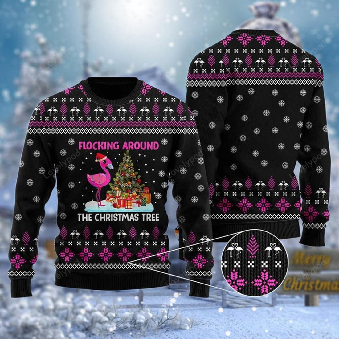 FUNSTUFFPRINT Flamingo Flocking Around The Christmas Tree Ugly Sweater, Guitar Christmas shirts, Christmas gift Ugly Sweater