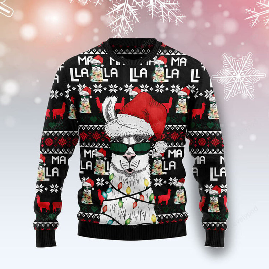 FUNSTUFFPRINT Funny Llama Christmas Light Ugly Christmas Sweater, Christmas sweatshirts, Christmas gift Ugly Sweater