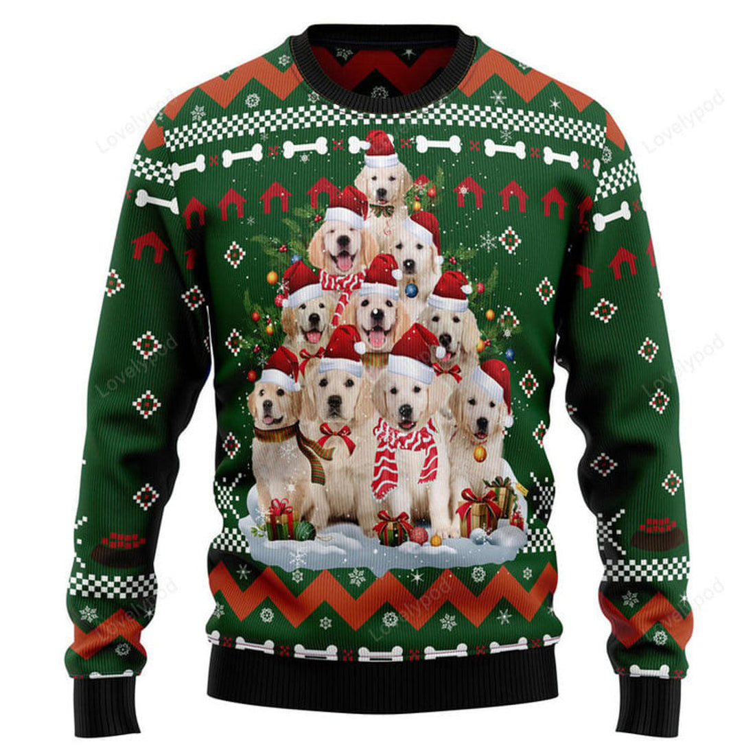 FUNSTUFFPRINT Golden Retriever Pine Tree Ugly Christmas Sweater, Dog ugly sweatshirt, Christmas shirt Ugly Sweater