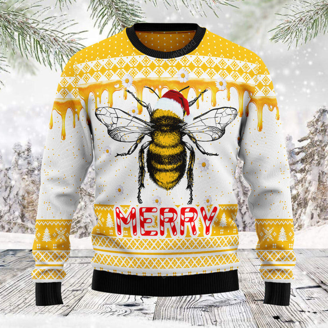 FUNSTUFFPRINT Bee Merry Ugly Christmas Sweater, Christmas sweatshirt, Christmas gift Ugly Sweater