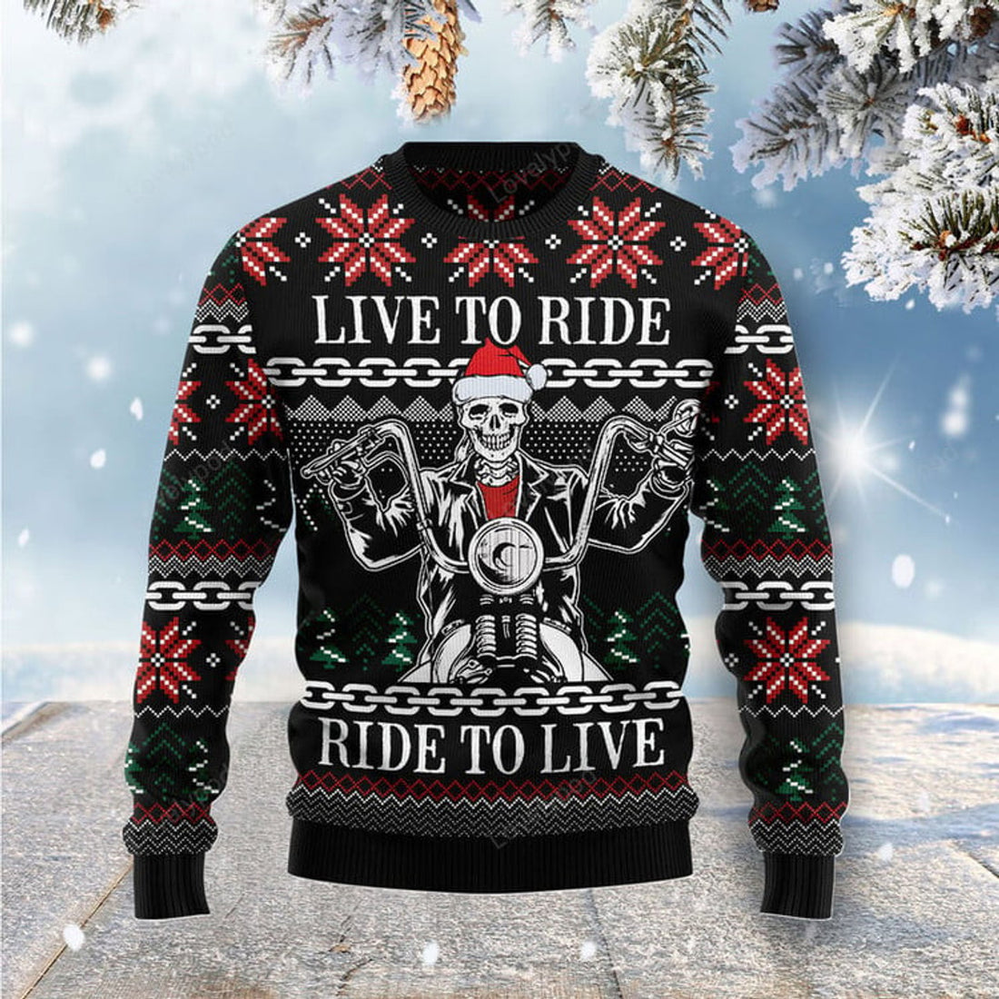 FUNSTUFFPRINT Live To Ride Motorbike Skeleton Ugly Sweater, Christmas sweatshirt, Christmas gift Ugly Sweater