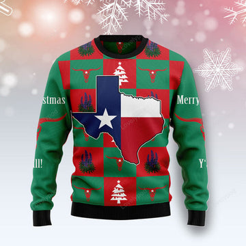 FUNSTUFFPRINT Merry Christmas Y'all Texas Ugly Christmas Sweater For Men Women, Christmas sweatshirt, Christmas gift Ugly Sweater