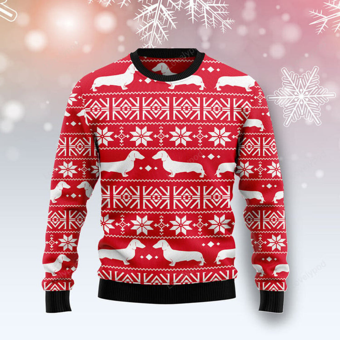 FUNSTUFFPRINT Dachshund Red Christmas Pattern Ugly Christmas Sweater, Christmas ugly sweatshirt, Christmas gifts Ugly Sweater