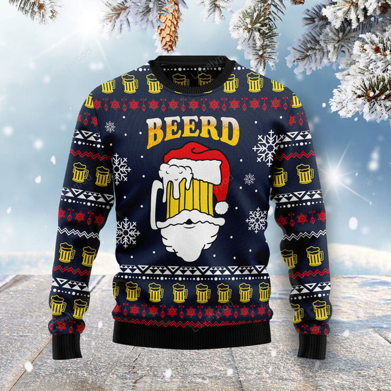 FUNSTUFFPRINT Santa Beerd Ugly Christmas Sweater, Christmas ugly sweatshirt, Christmas gifts for Dad Ugly Sweater