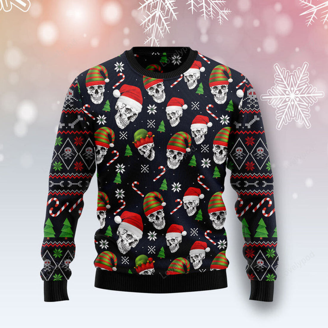 FUNSTUFFPRINT Skull Face Ugly Christmas Sweater, Xmas ugly sweatshirt, Christmas gifts for Dad, Mom, Brother, Sister Ugly Sweater