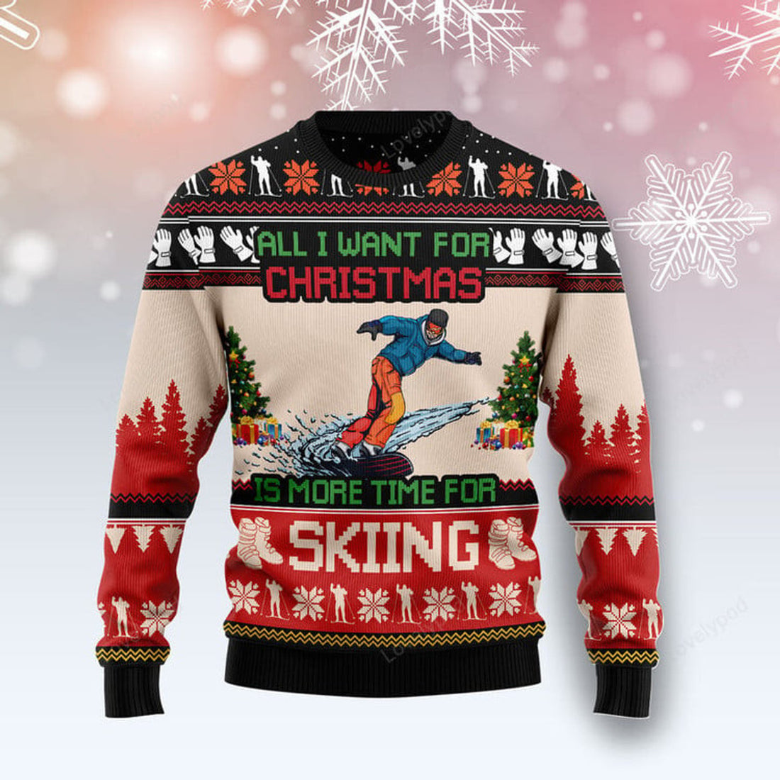 FUNSTUFFPRINT All I Want For Christmas Is More Time For Skiing Ugly Christmas Sweater, Xmas ugly sweatshirt, Christmas gifts for Dad, Mom, Brother, Sister Ugly Sweater