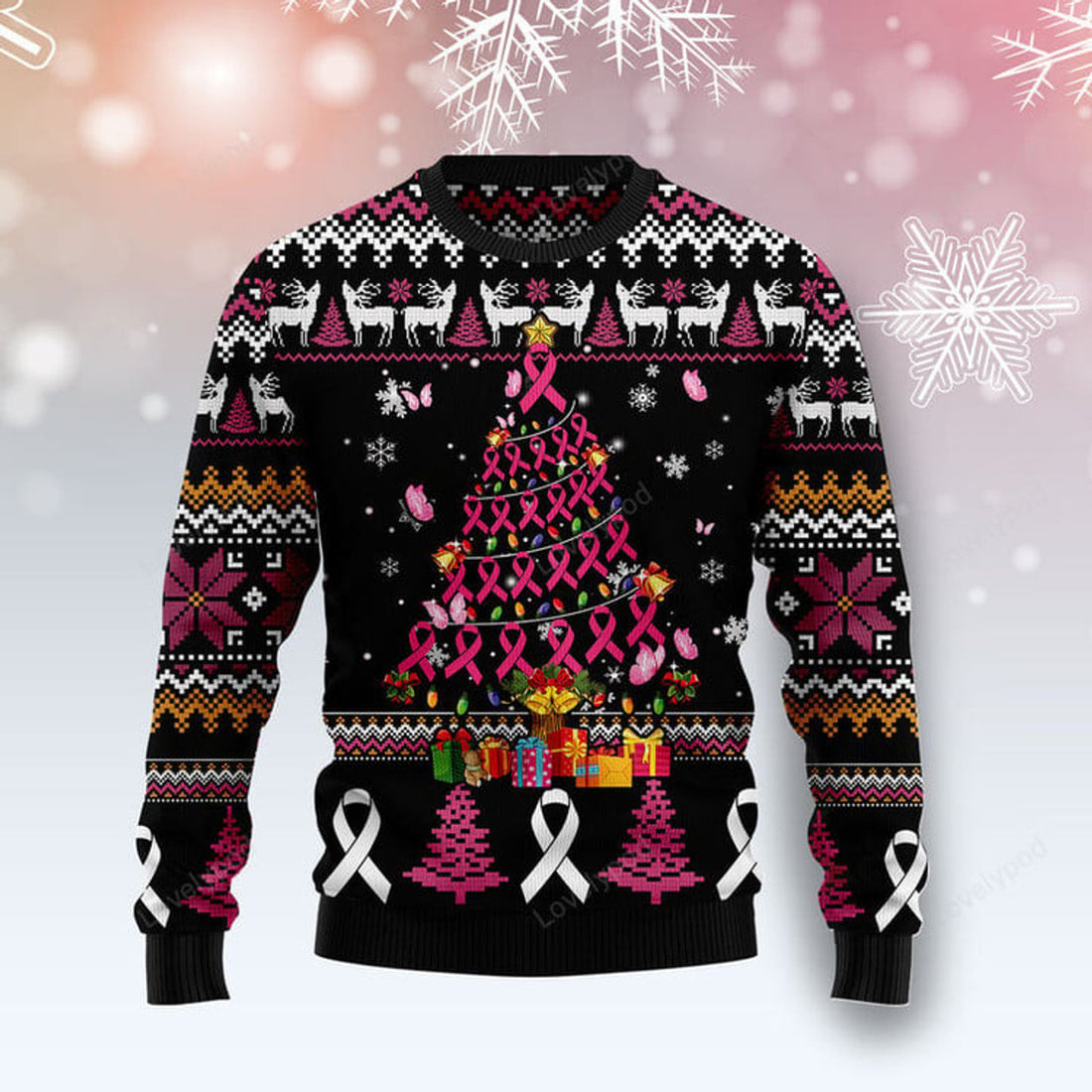 FUNSTUFFPRINT Breast Cancer Awareness Christmas Tree Ugly Christmas Sweater, Xmas ugly sweatshirt, Christmas gifts for Dad, Mom, Brother, Sister Ugly Sweater