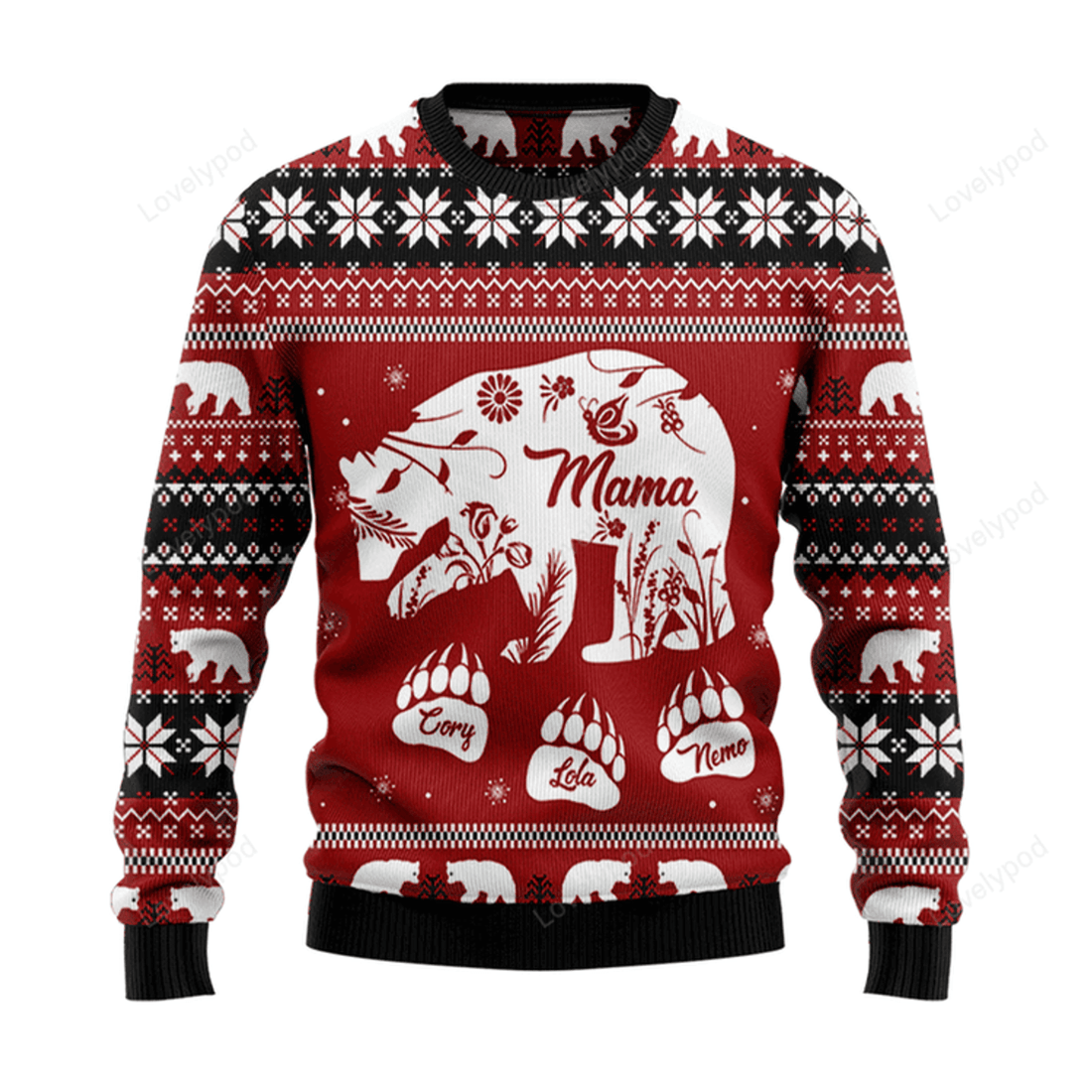 FUNSTUFFPRINT Mama Bear Ugly Christmas Sweater, Xmas ugly sweatshirt, Christmas gifts for Dad, Mom, Brother, Sister Ugly Sweater