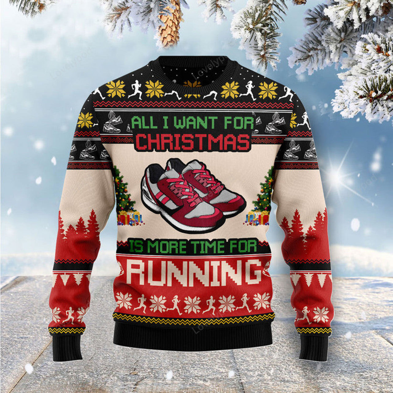 FUNSTUFFPRINT All I Want For Christmas Is More Time For Running Ugly Christmas Sweater Ugly Sweater