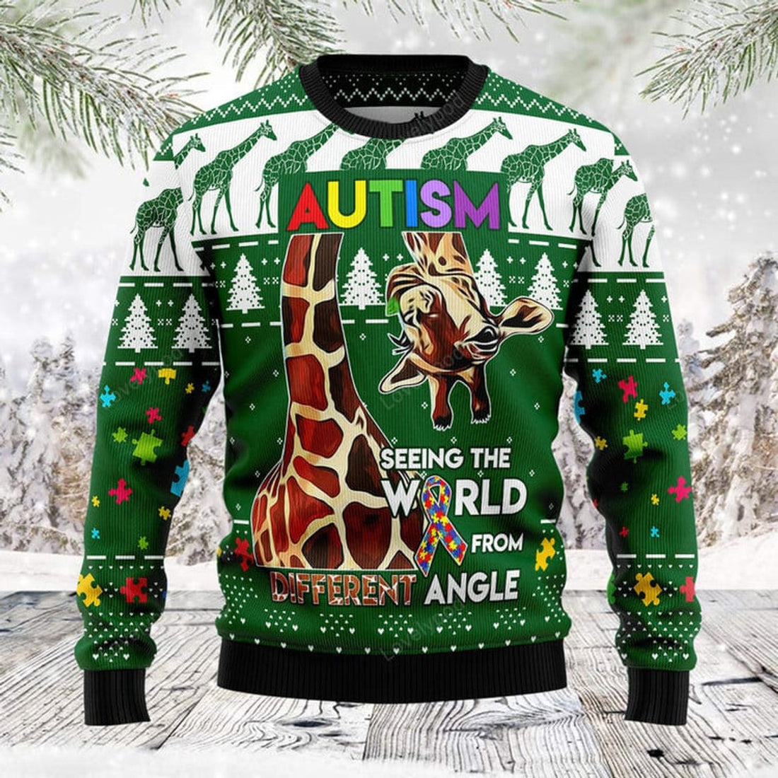FUNSTUFFPRINT Giraffe Autism unisex womens & mens, Christmas shirts, Christmas gift for him, her Ugly Sweater