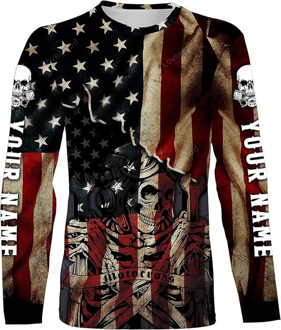 FUNSTUFFPRINT Custom American Riding Shirt - Patriotic Motorcycle All Over Printed Jersey, Off-Road Motocross Racing 3D Long Sleeve T-Shirt
