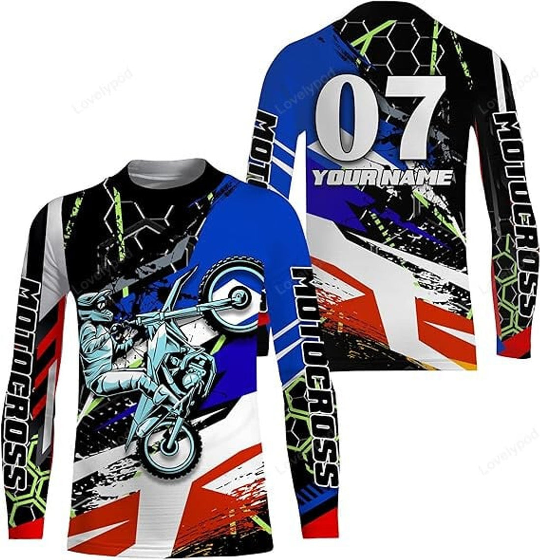 FUNSTUFFPRINT Custom Motocross Custom Number&Name Racing Jersey T-Shirt Adult Long Sleeves, Dirt Bike Motorcycle Off-Road Riders 3D Long Sleeve T-Shirt